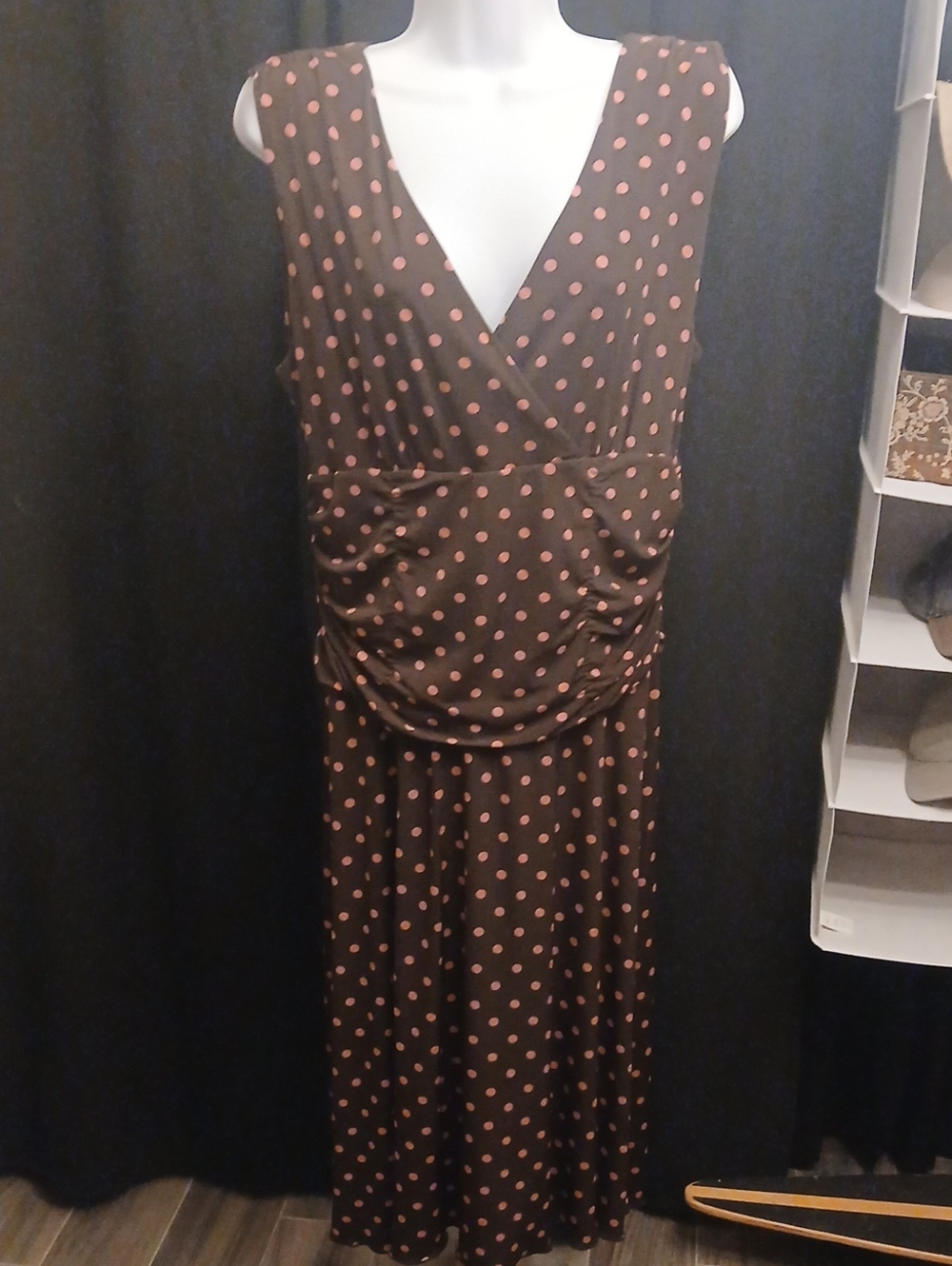 Style & Co. Brown Midi Dress with Pink Polka Dots